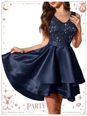 Sequin High Low Prom Dress V Neck Sleeveless Satin Cocktail Formal